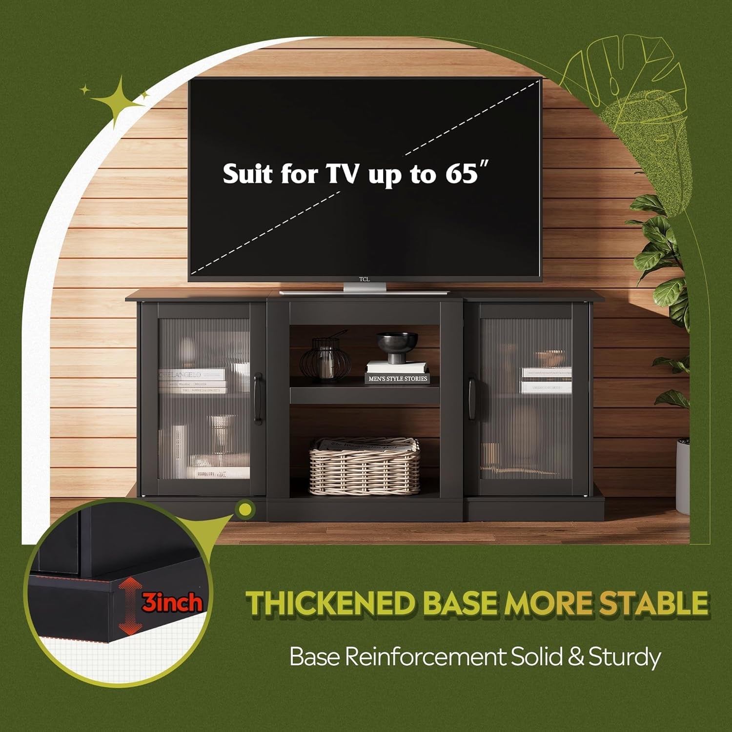 Retro TV Stand for 65 Inch TV, TV Console Cabinet with Storage, Open Shelves Entertainment Center for Living Room and Bedroom, Black-4