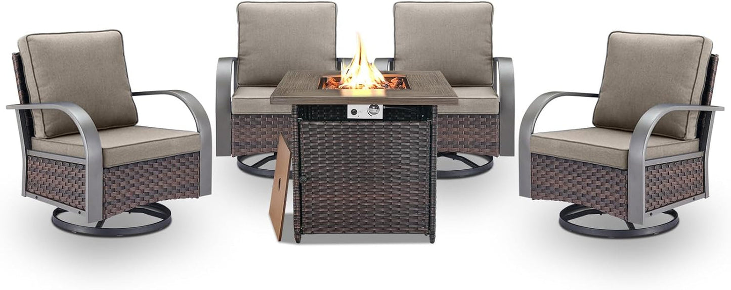 5 Pieces Patio Furniture Set with Fire Pit Table - 4 Outdoor Swivel Rocker Chairs with 50000 BTU Propane Fire Pit Table, Patio Conversation Sets for outside Backyard Patio Casual Gathering-0