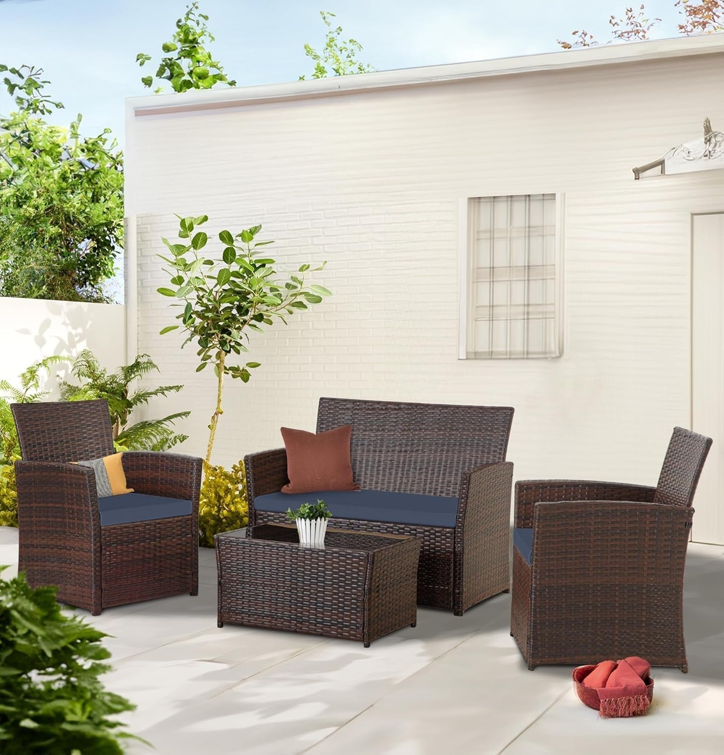 Outdoor Wicker Rattan Sofa Set Blue Cushions-1