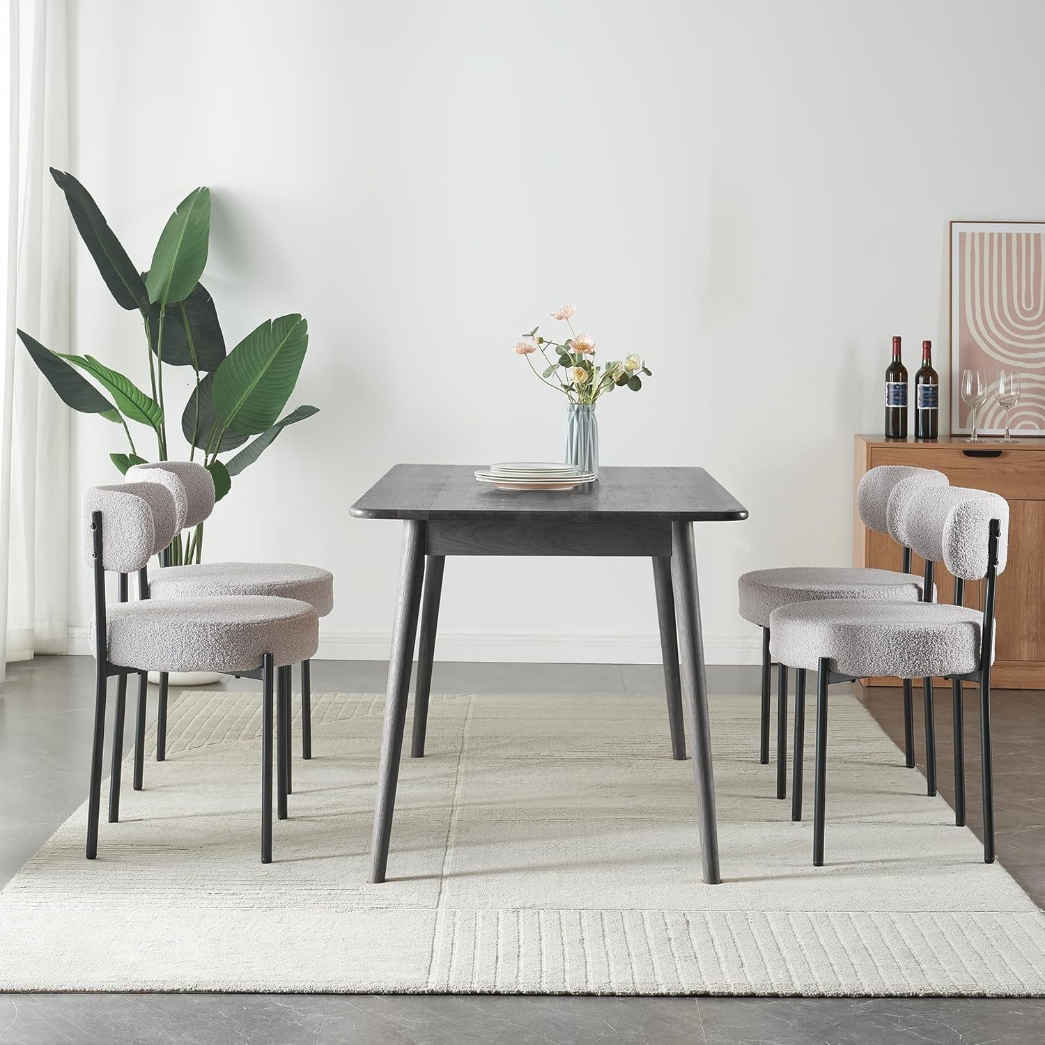Modern Dining Room Chairs, Mid-Century round Upholstered Boucle Kitchen Dining Chairs with Black Metal Legs (4, Grey)-1