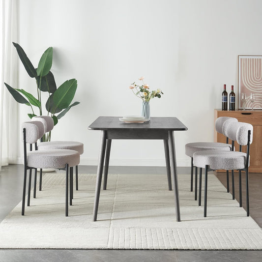 Modern Dining Room Chairs, Mid-Century round Upholstered Boucle Kitchen Dining Chairs with Black Metal Legs (4, Grey)-1