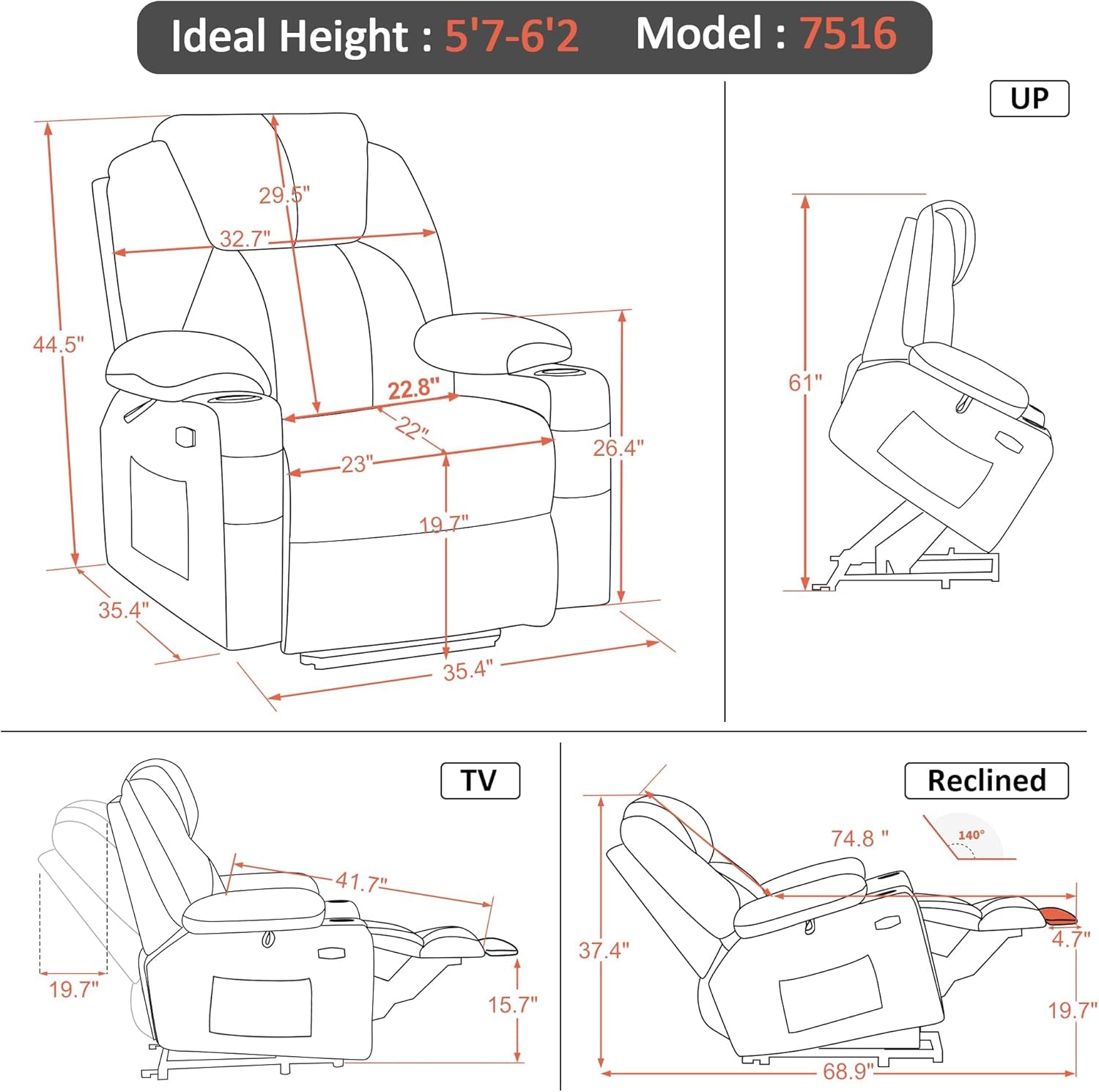 Large Power Lift Recliner Chair Sofa with Massage and Heat for Big and Tall Elderly People, 3 Positions and USB Ports, Extended Footrest, Fabric 7516 (Large, Coffee)-2