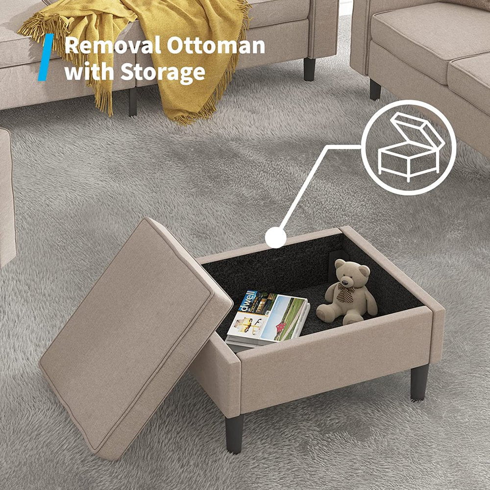 Convertible Sectional Sofa Couch with Storage Ottoman, 3 Pcs Couch Set with Storage Pockets, Sectional Couches for Living Room, 3-Seater + Ottoman + 1-Loveseat (Beige)-1