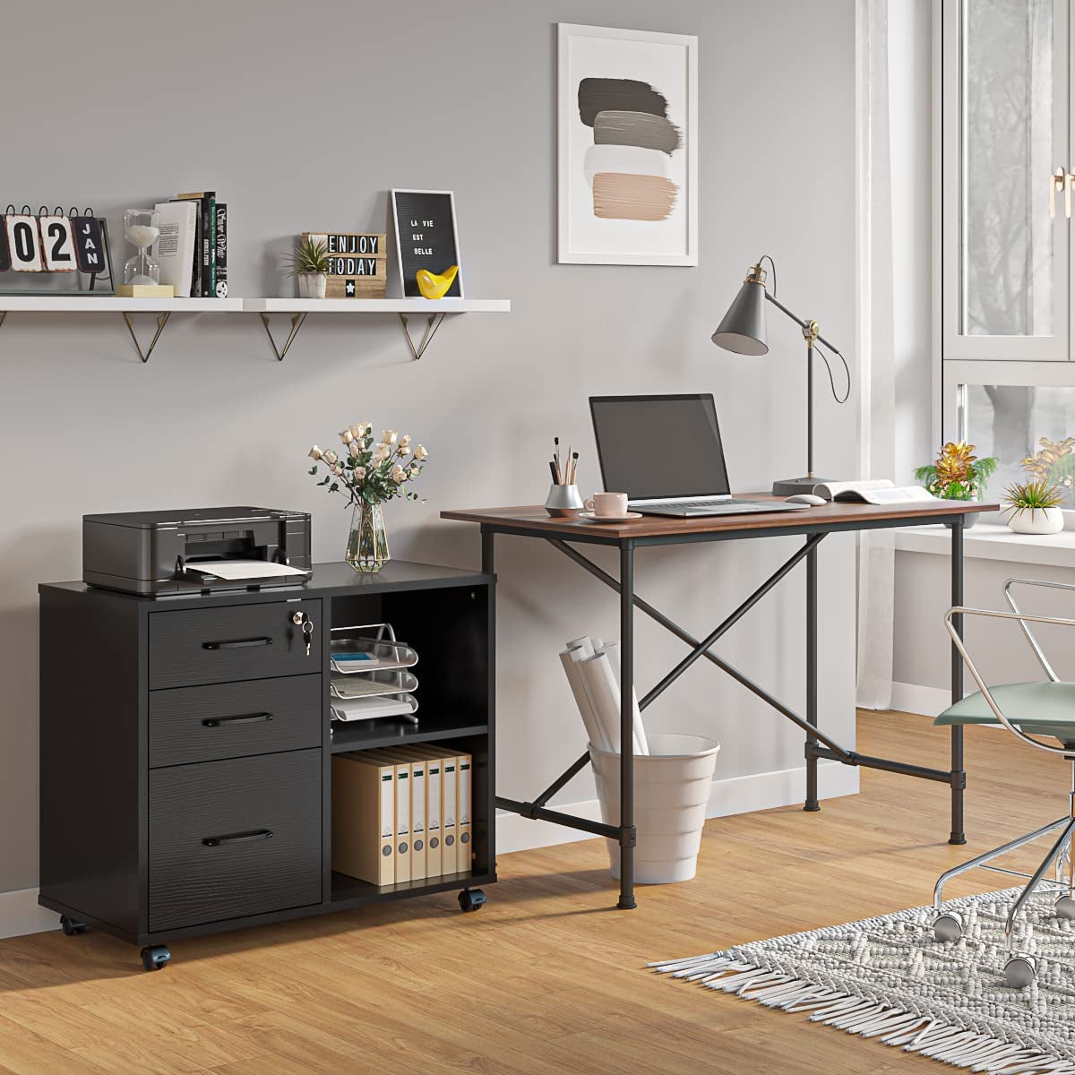 Mobile File Cabinet with Open Storage Shelf-0