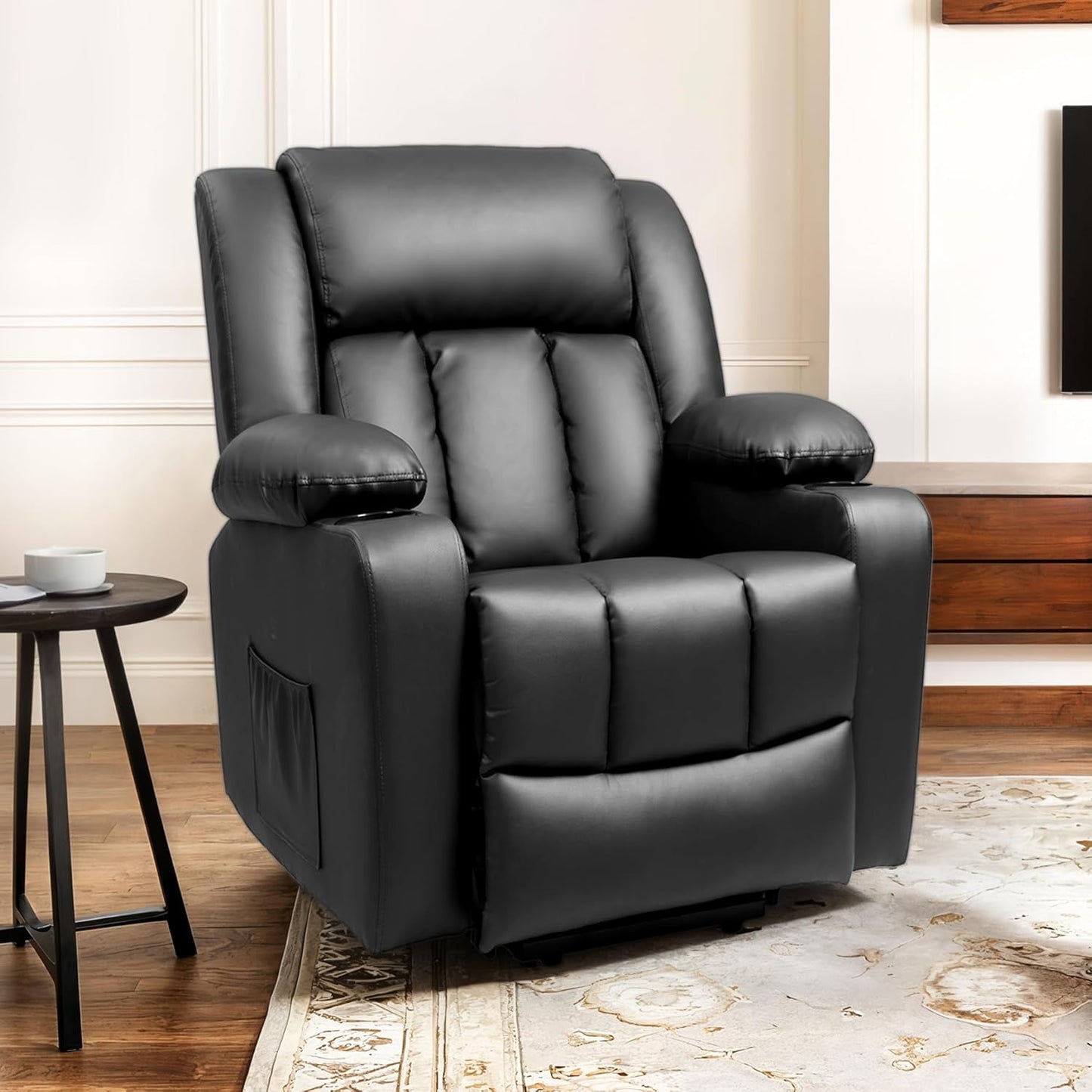 XL31 Power Lift Recliner Chair for Elderly, Oversized Electric Leather Lift Chair with Cup Holders, Side Pockets, Massage Reclining Chair Sofa for Living Room Bedroom (Black)-1