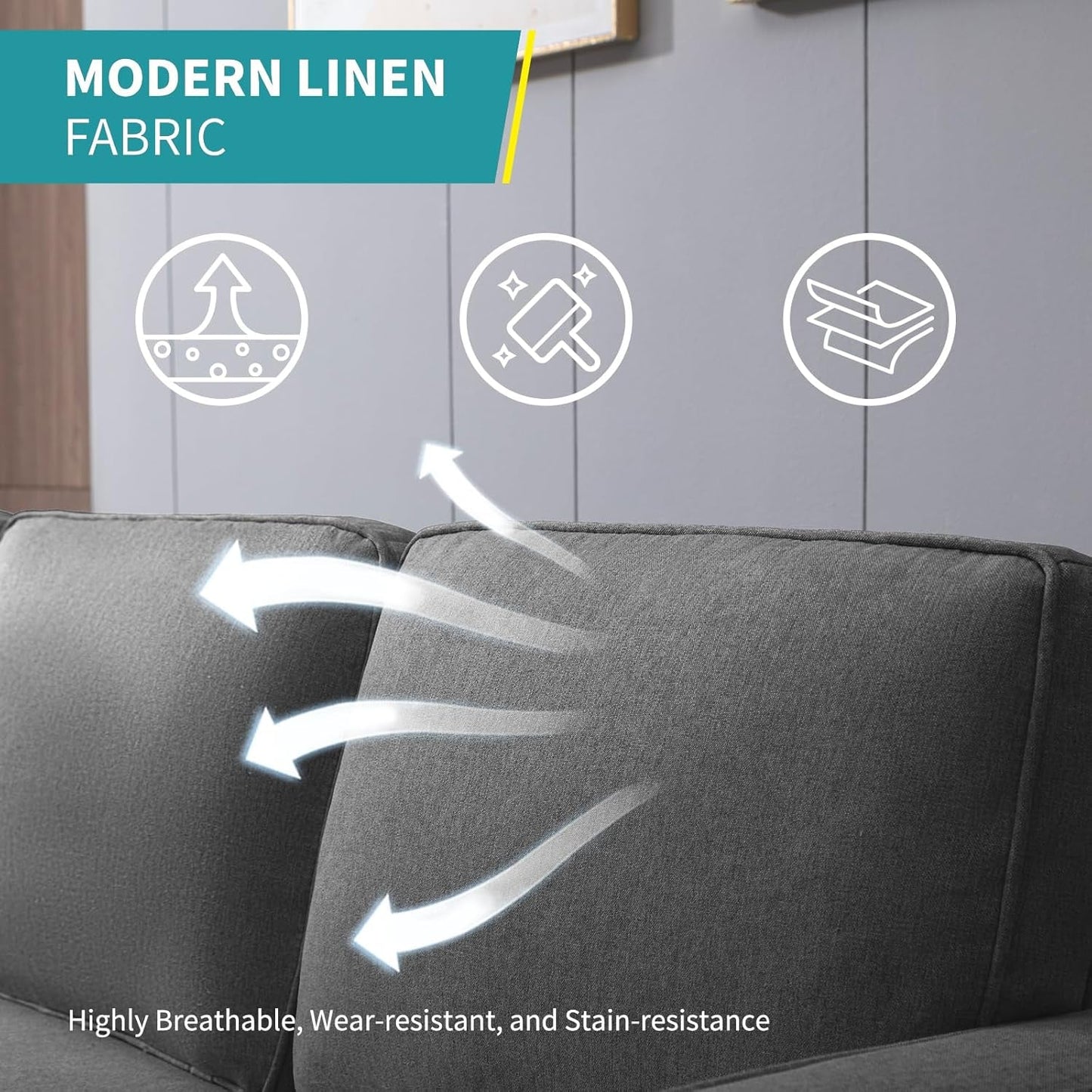 78" 4 Piece Living Room Sofa Set, 3 Seater Sofa with Storage Ottoman and Loveseat and Armchair Furniture Set, Modern Linen L Shaped Sectional Couches for Living Room Apartment (Dark Grey)-4