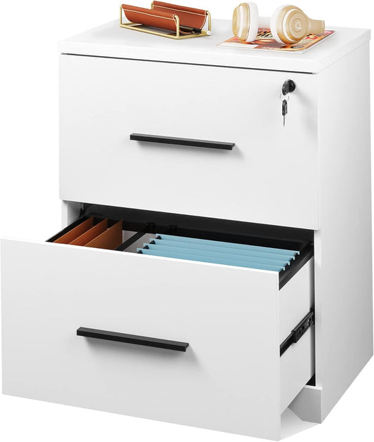 2-Drawer Wood Lateral File Cabinet with Lock for Office Home, White-0