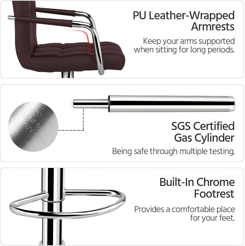 Tall Bar Stools Set of 2 Modern Square PU Leather Adjustable Barstools Counter Height Stools with Arms and Back Bar Chairs 360° Swivel Stool, Brown-3