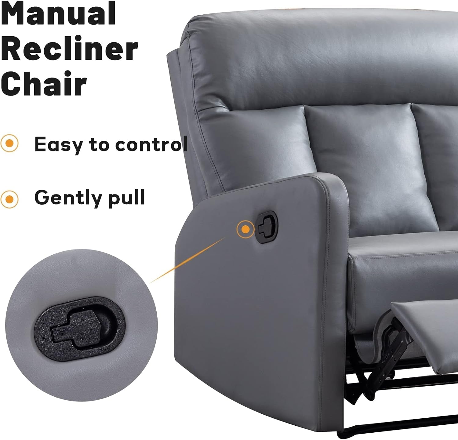Oversized Wide Recliner Chair Faux Leather 2-Seater Recliners Roomy Manual Reclining Chairs for Living Room, Perfect for Pups to Sit Together, Grey-3