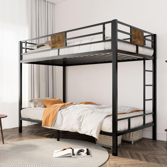 Loft Bunk Bed Twin over Twin Size with Ladder and Guardrail,Rustic Design,Metal Slats Support No Box Spring Needed Small Space Saving Furniture for Bedroom Dorm-0
