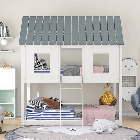 Twin House Bunk Bed with Playhouse, White and Gray-0