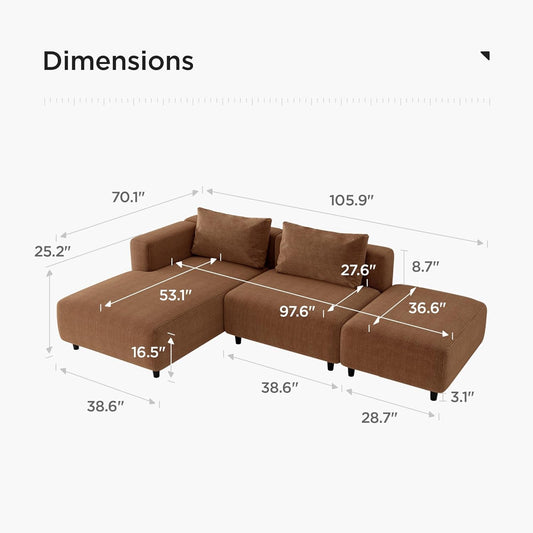 Soft Corduroy Sectional Modular Sofa Set, Modern L-Shaped Chaise Couch for Living Room, Apartment, Office, Small Spaces, Orange Brown-1