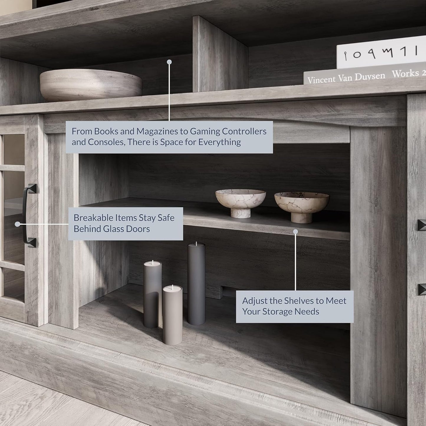 Traditional 58 Inch Rustic Wood TV Stand & Media Entertainment Center Console Table for Tvs up to 65 Inches with Open Storage Shelves & Cabinets - Astorga (Gray Wash)-3