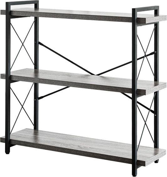 Bookshelf, 3-Tier Industrial Bookcase, Rustic Open Book Shelf, Freestanding Horizontal Bookshelves with Metal Frame-0