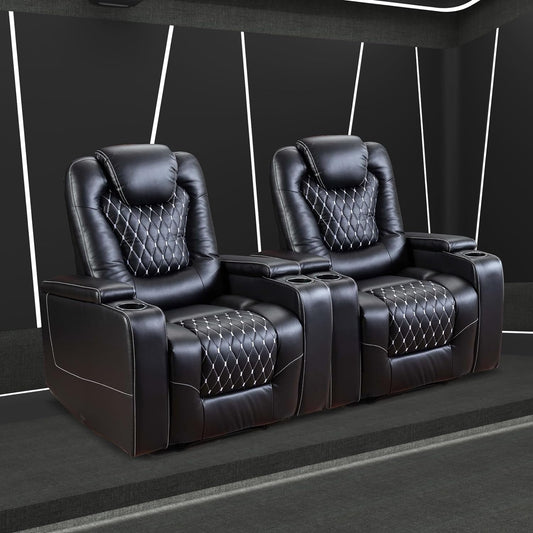 Power Recliner Chair with USB Ports and Cup Holders - Overstuffed Electric Home Theater Seating PU Leather Reclining Furniture with Hidden Arm Storage, Easy to Clean (Set of 2, Black)-0