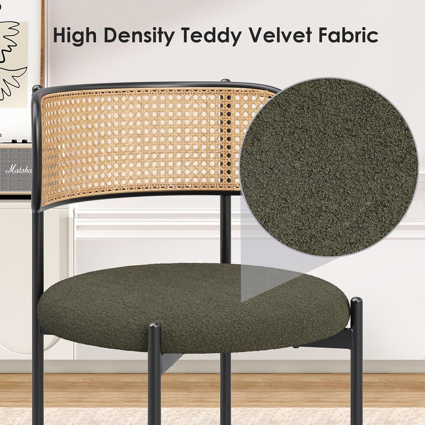 Kitchen Chairs Set of 2, Mid-Century Modern Dining Chairs,Kitchen Dining Room Chairs, Rattan Backrest round Upholstered Sherpa Dining Chairs(Green)-3