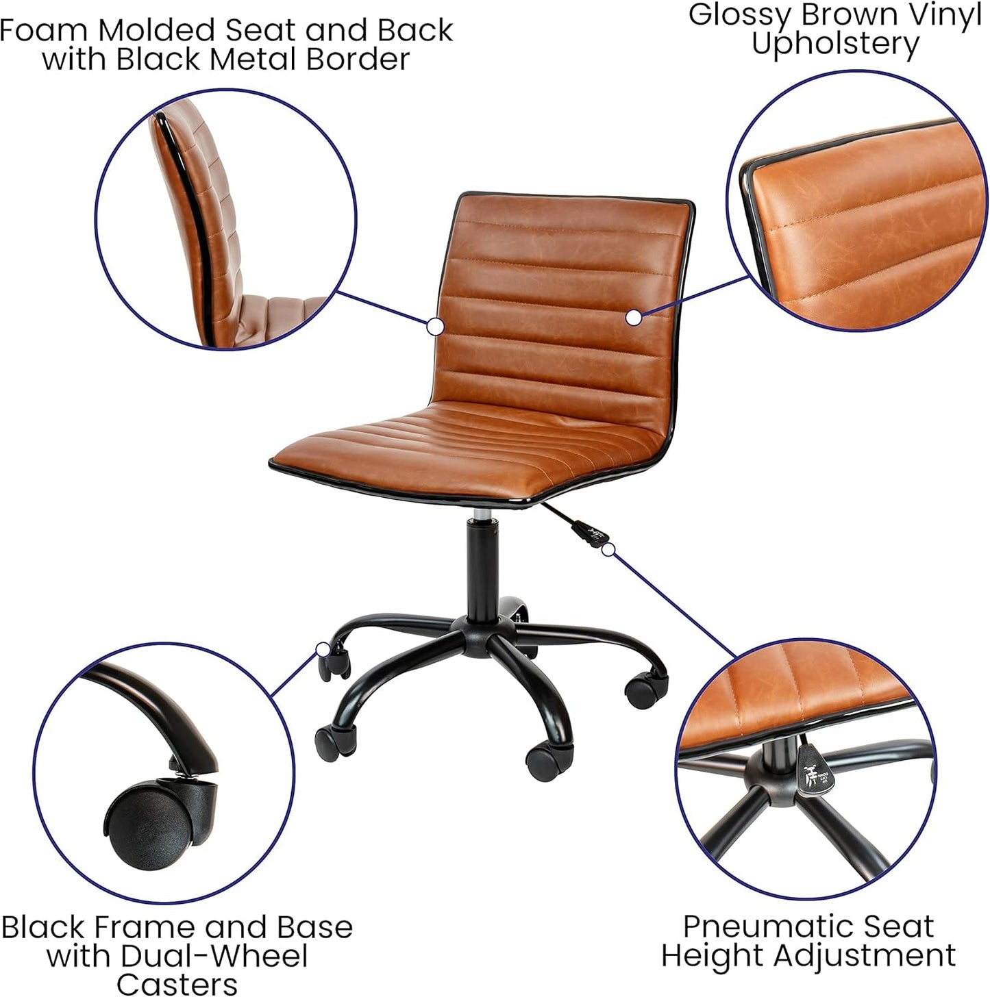 Alan Low-Back Ribbed Upholstered Vinyl Swivel Desk Chair with Padded Seat, Modern Adjustable Height Padded Office Chair, Brown-3