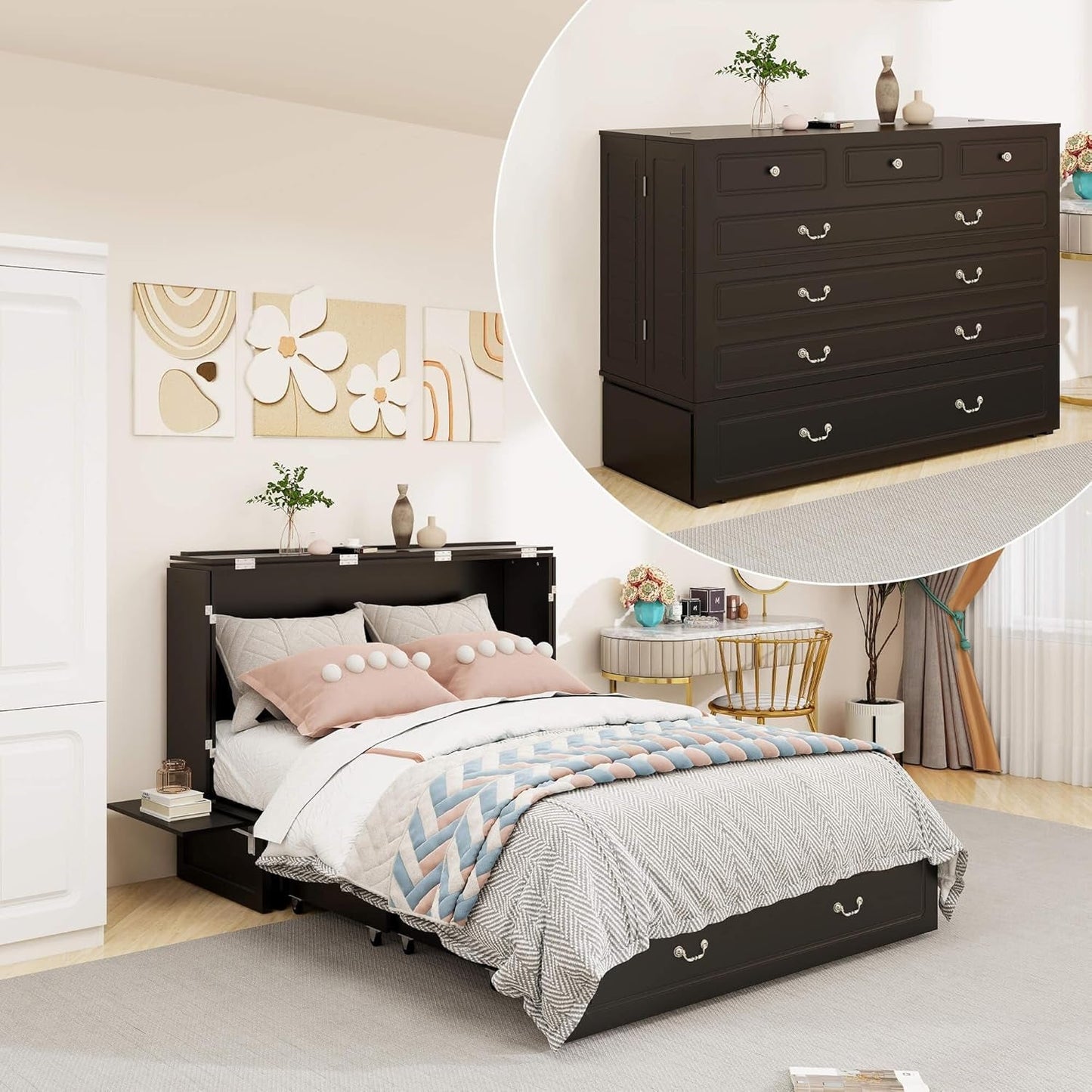 Queen Murphy Bed Cabinet with Charging Station and Drawers-7