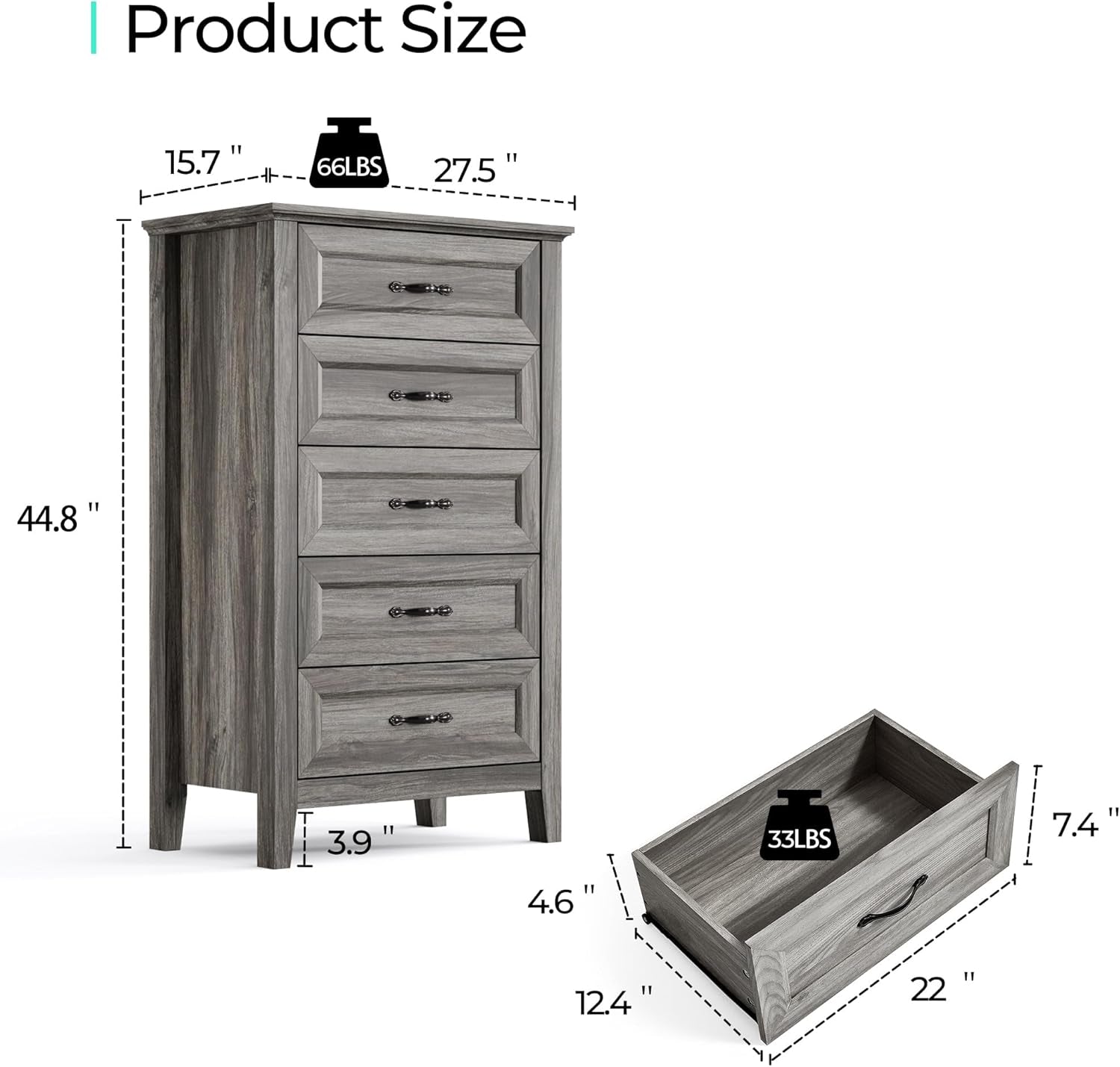 Farmhouse 5-Drawer Dresser - Grey Chest of Drawers for Bedroom and Living Room Organization, Wood Dresser with Ample Storage Space and Rustic Charm-1