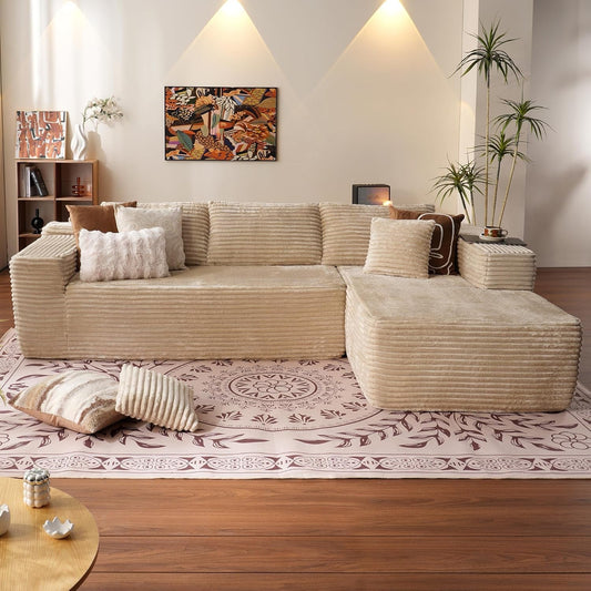 104" Cloud Sectionl Couch with L-Shpe Chise,Modern Modulr Sof with Deep Set, Upholstered Couches for Living Room Bedroom,No ssembly Required, Beige (Plush Corduroy Fbric)-0