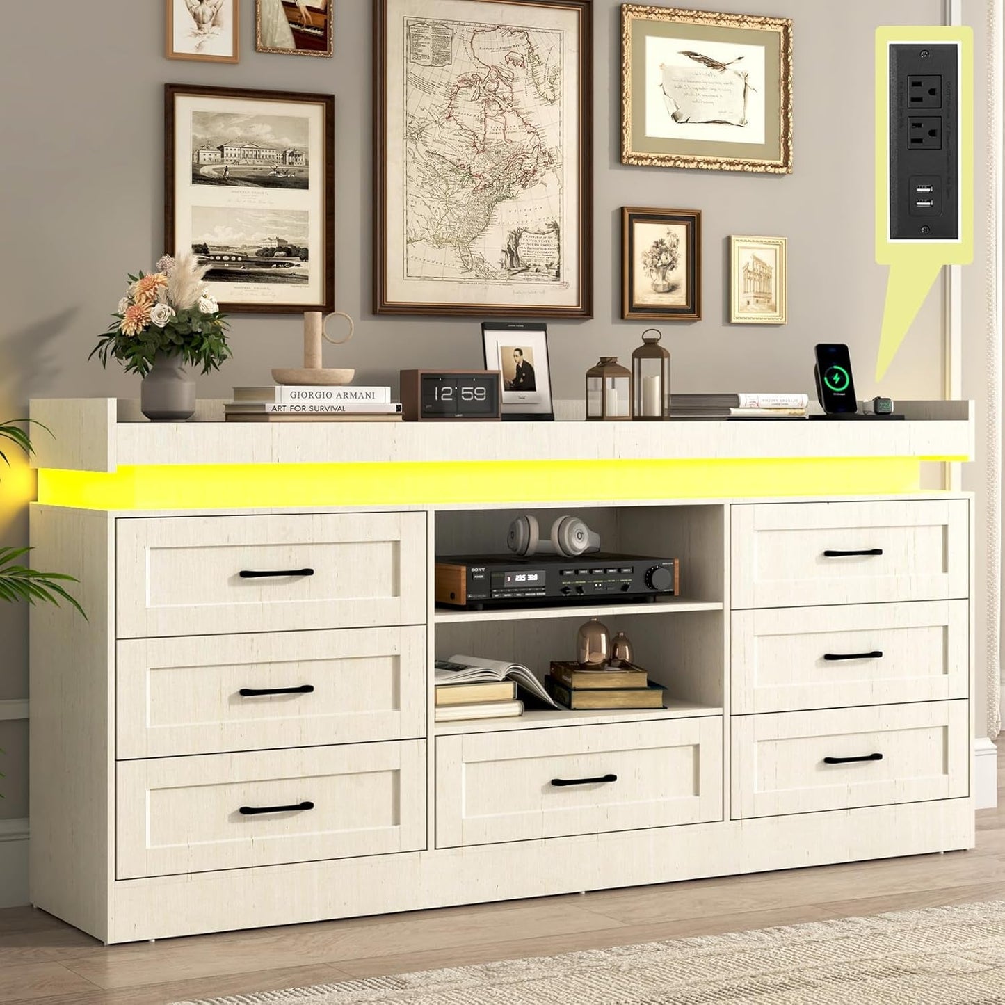 70"W Large Drawers Dresser,Tall Farmhouse 7 Drawers Dresser for Bedroom +2 Open Storage Shelves,With LED Light and Power Outlets,Wide Wood 7 Chests of Drawers for Closet for Bedroom(Antique White)-0