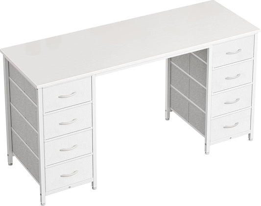 47 Inch Vanity Desk with 8 Drawers, White Desk, Makeup Desk with Large Storage, Fabric Drawers, Wooden Desktop, Computer Desk Work Desk, for Home Office, Bedroom-0