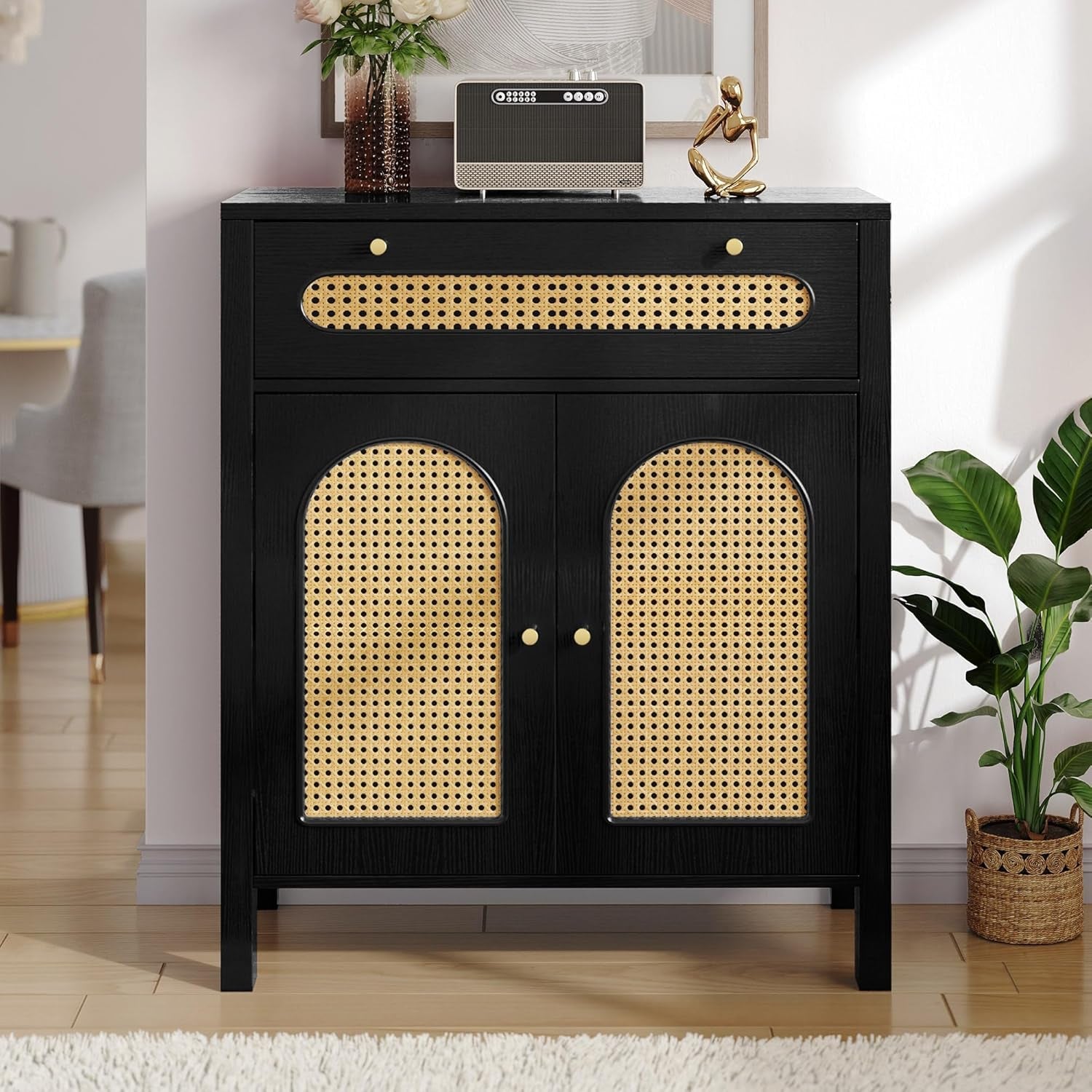 Black Rattan Door Buffet Cabinet with Drawers 36"-0