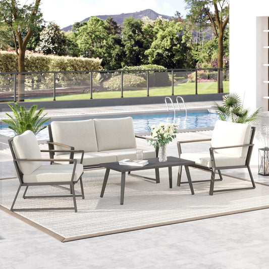 4 Piece Patio Furniture Set, Aluminum Conversation Set, Outdoor Garden Sofa Set with Armchairs, Loveseat, Center Coffee Table and Cushions, Cream White-1