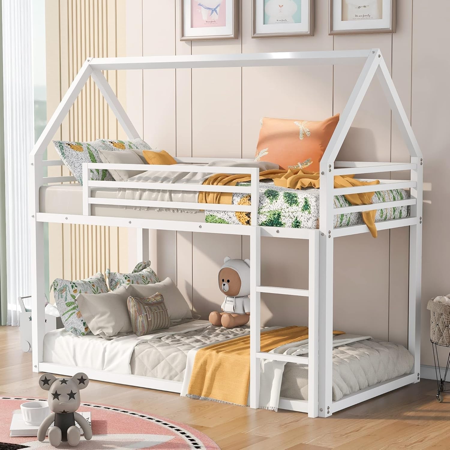 Bunk Bed Twin over Twin Metal Floor Bunk Bed with Ladder, House Shaped Bunk Bed Frame with Metal Slats for Dormitory and Bedroom, Space Saving, No Box Spring Needed-0