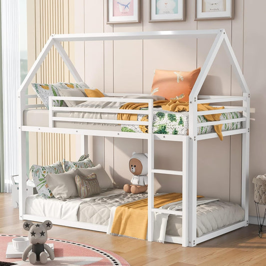Bunk Bed Twin over Twin Metal Floor Bunk Bed with Ladder, House Shaped Bunk Bed Frame with Metal Slats for Dormitory and Bedroom, Space Saving, No Box Spring Needed-0