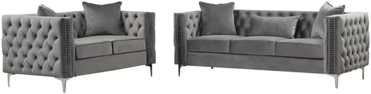 Modern Velvet Fabric Sofa and Loveseat Living Room Set -Gray-1