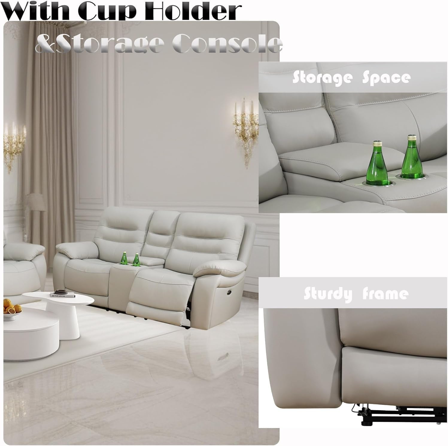 Genuine Leather Recliner Couch Set, Living Room Furiture Set,Power Reclining Sofa Set, Top Grain Leather Sofa with Built in USB Port for Living Room(Light Grey) (Sofa+Loveseat)-2