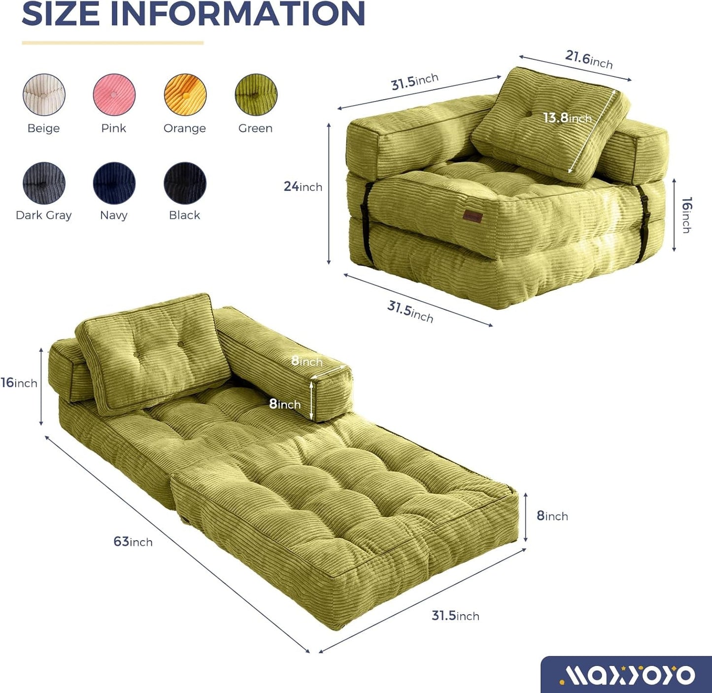 Folding Sofa Bed, L-Shaped Convertible Sofa Bed with Armrest Foldable Sleeper Sofa with Pillow, Portable Fold Out Chair Bed Comfy Floor Sofa Lounge for Living Room Bedroom, Green-1