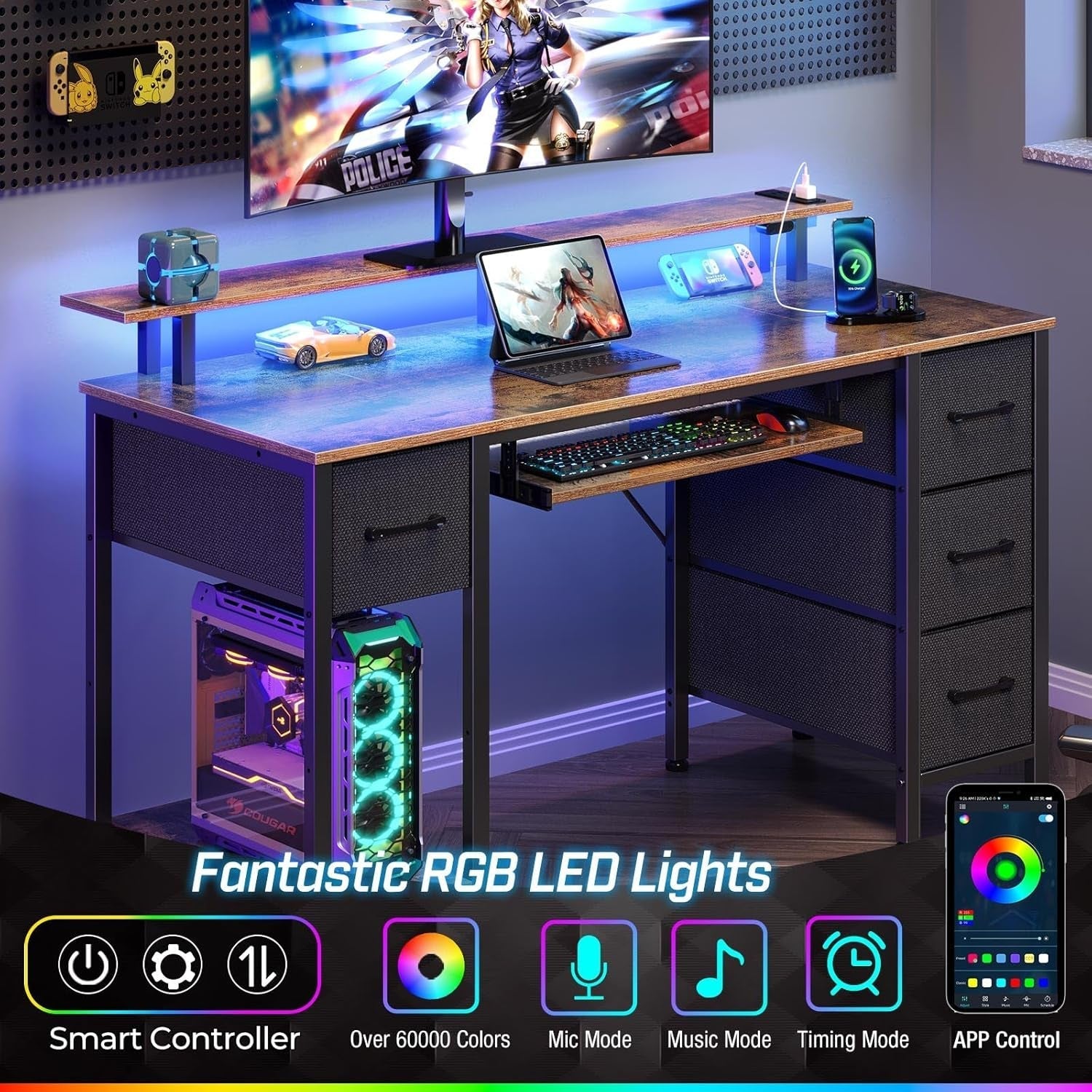 Computer Desk 47.2" with LED Lights & Power Outlets, Home Office Desk with 4 Drawers, Writing Desk with Keyboard Tray, Study Desk with Monitor Stand, Work Desk for Home Office, Rustic Brown-3