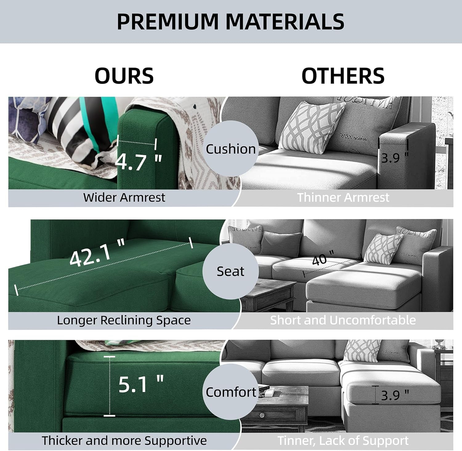 Convertible Sectional Sofa Couch,3 Seat L Shaped Couches with Storage Function Ottoman,Modern Linen Convertible Sectionals Sofas with Armrest Reversible Chaise,Small Spaces Sofa (Green)-3