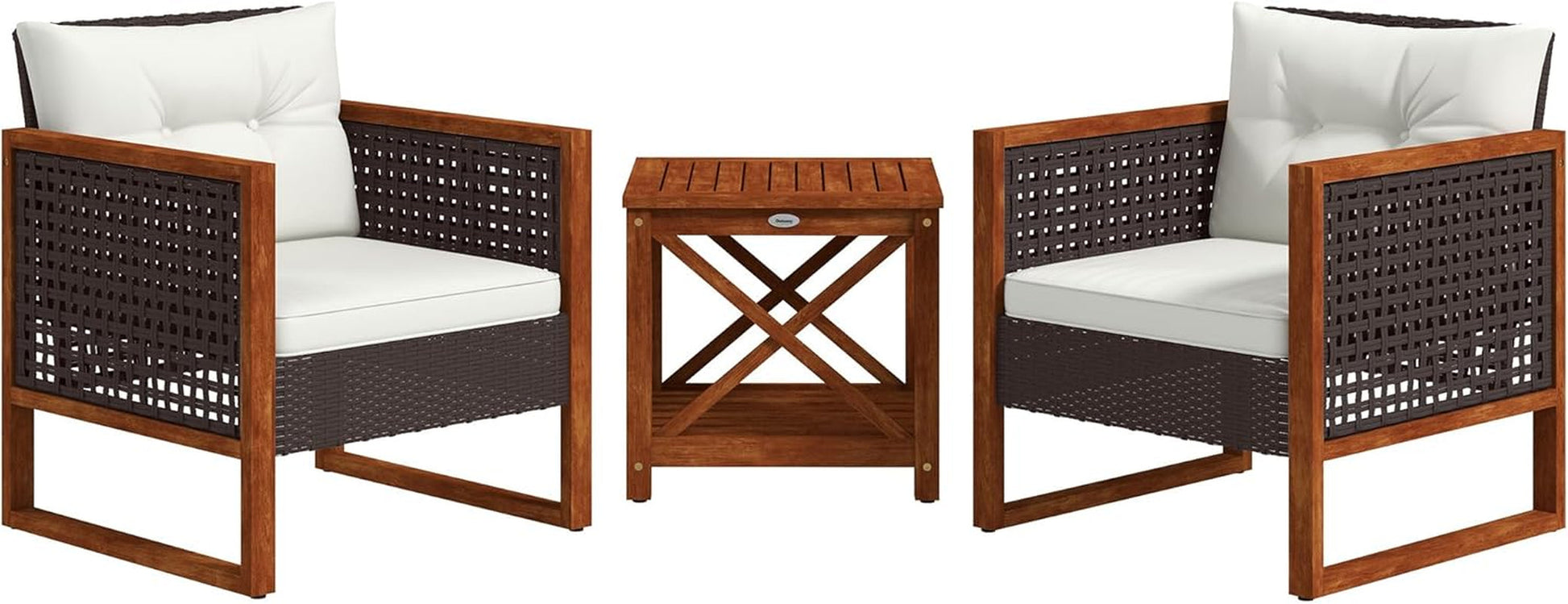 3 Pieces Wicker Outdoor Bistro Set, Rattan Patio Furniture Set with Acacia Wood Coffee Table and Porch Chairs for Backyard, Balcony, Garden, Brown-0