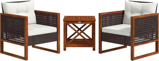 3 Pieces Wicker Outdoor Bistro Set, Rattan Patio Furniture Set with Acacia Wood Coffee Table and Porch Chairs for Backyard, Balcony, Garden, Brown-0