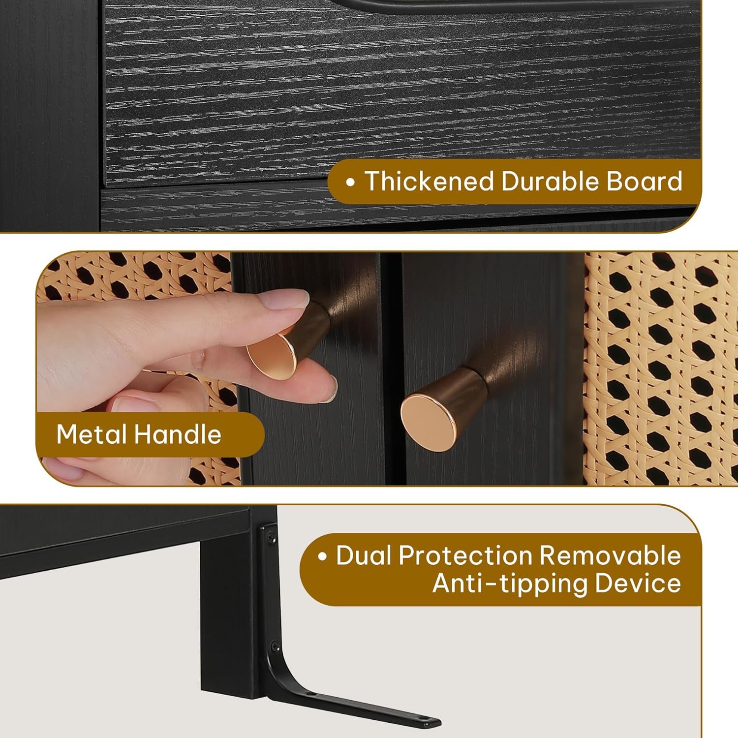 Black Rattan Door Buffet Cabinet with Drawers 36"-4