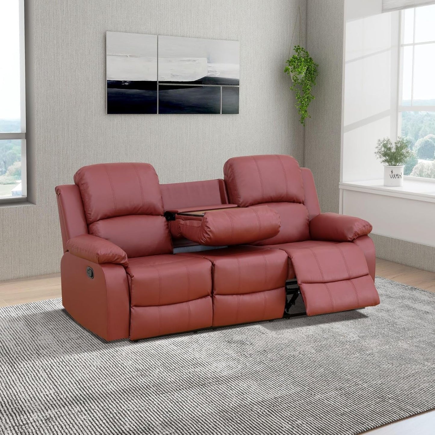 Manual Leather Recliner Sofa Set for Living Room Furniture Set,Leather Recliner Couch Set for Home/Office,Leather Reclining Sofa Set for 3-Pieces(Sofa+Loveseat+Chair) Red-4