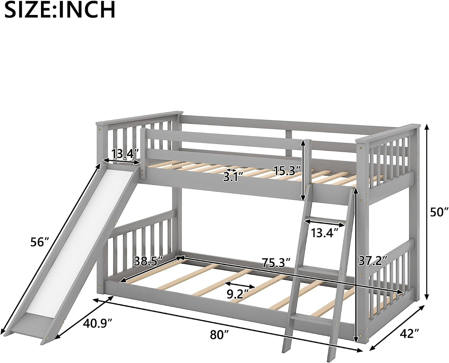 Grey Low Twin Bunk Bed with Slide and Ladder-2
