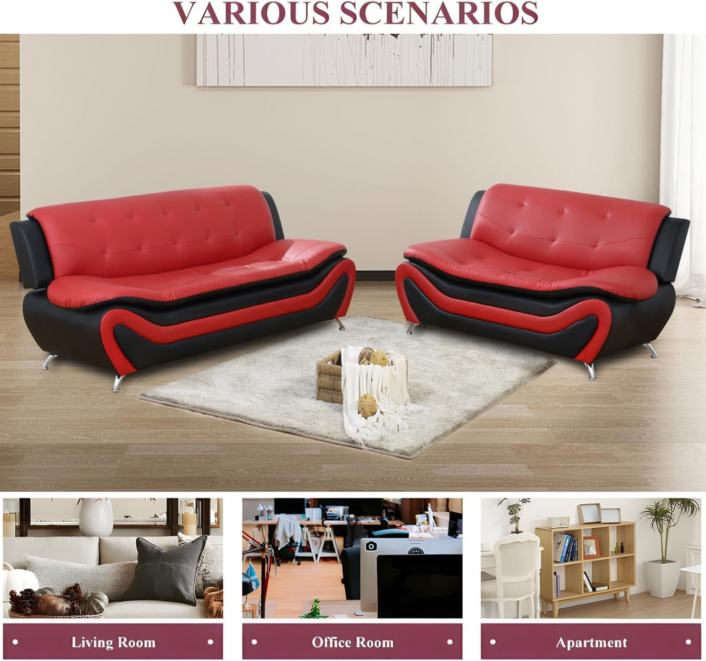 Faux Leather Sofa Couch Set, Living Room Sofa and Loveseat Set, Leather Couch and Loveseat Set for Living Room Office Home (2 Piece Leather Living Room Set, Red)-4