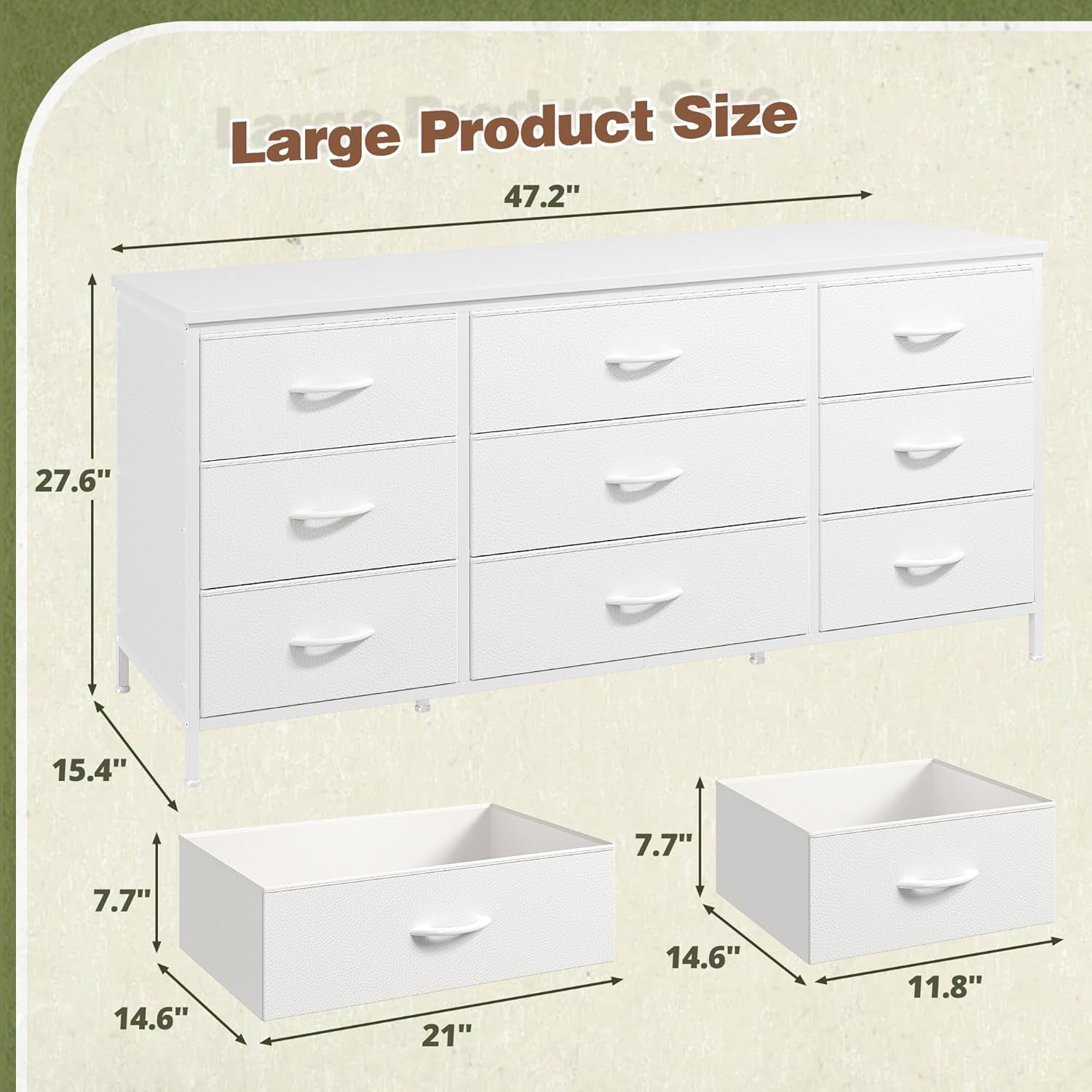 Dresser TV Stand with 9 Drawers for 60'' TV Stand for Bedroom Long Dresser for Bedroom Wide Dressers & Chests of Drawers, Sturdy Metal Frame & Wood Top, Living Room, Closet, White-2