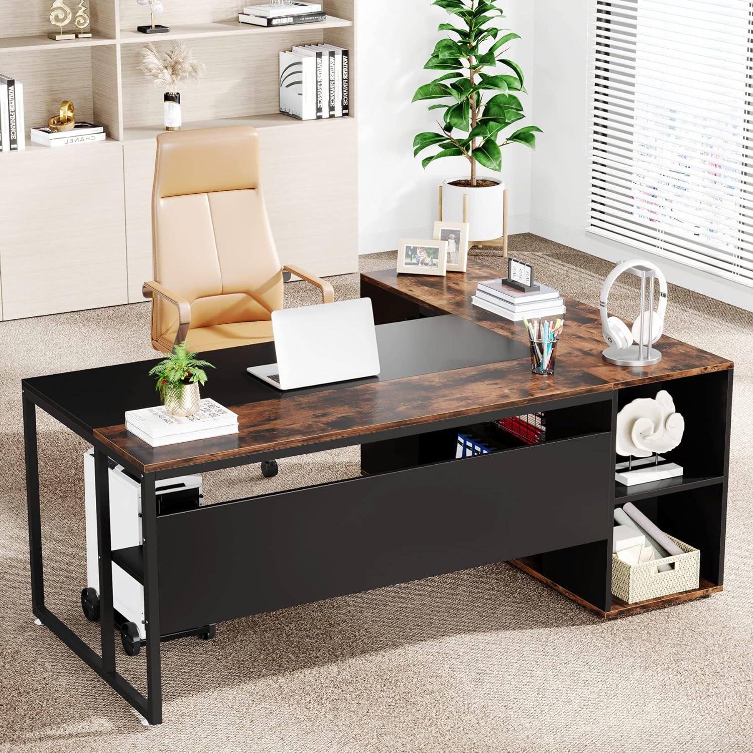 71 Inch Executive Desk, L Shaped Desk with Cabinet Storage, Executive Office Desk with Shelves, Business Furniture Desk Workstation for Home Office, Brown and Black-4