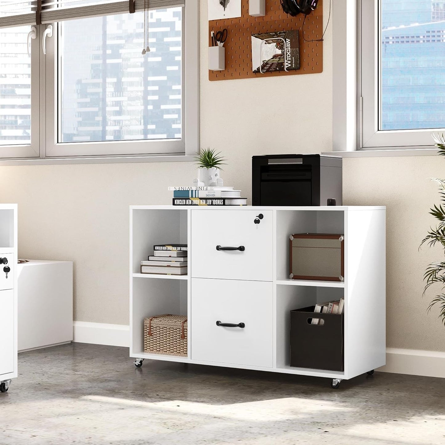White File Cabinet Mobile Letter Size File Cabinet with 2 Drawers and 4 Open Storage Shelves Large Mobile Lateral Filing Cabinet Printer Stand for Home and Office-4