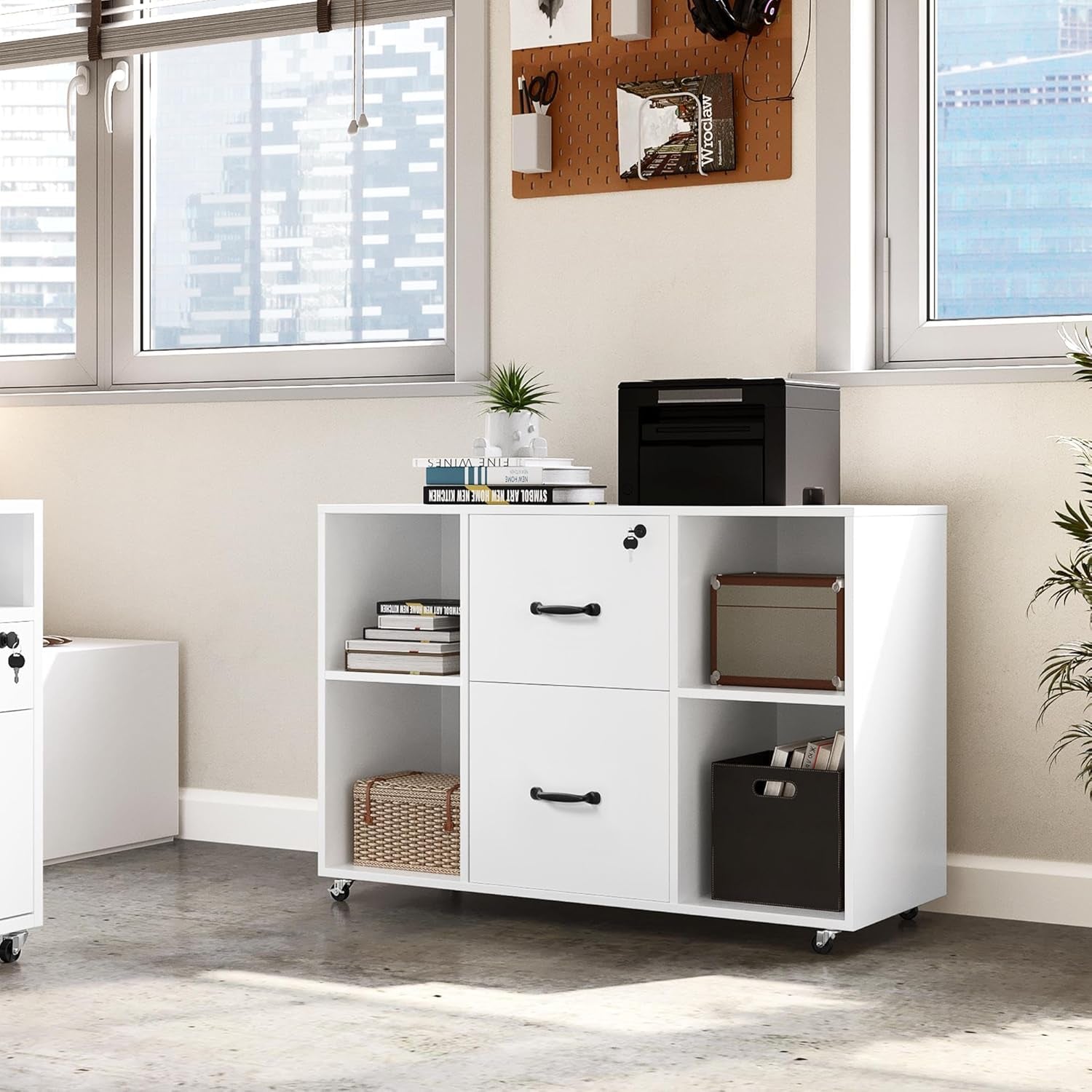 White File Cabinet Mobile Letter Size File Cabinet with 2 Drawers and 4 Open Storage Shelves Large Mobile Lateral Filing Cabinet Printer Stand for Home and Office-4