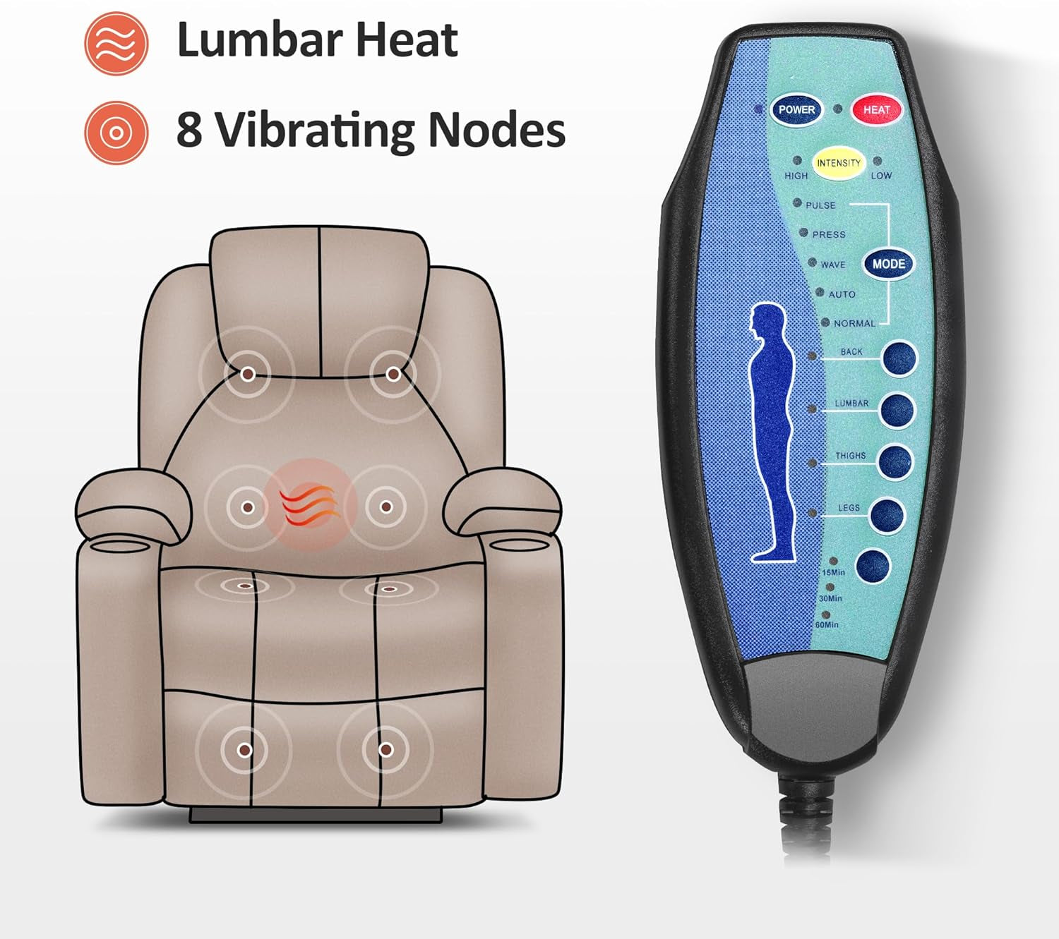Electric Power Lift Recliner Chair Sofa with Massage and Heat for Elderly, 3 Positions, 2 Side Pockets, and Cup Holders, USB Ports, Faux Leather 7040 (Brown, Medium)-4