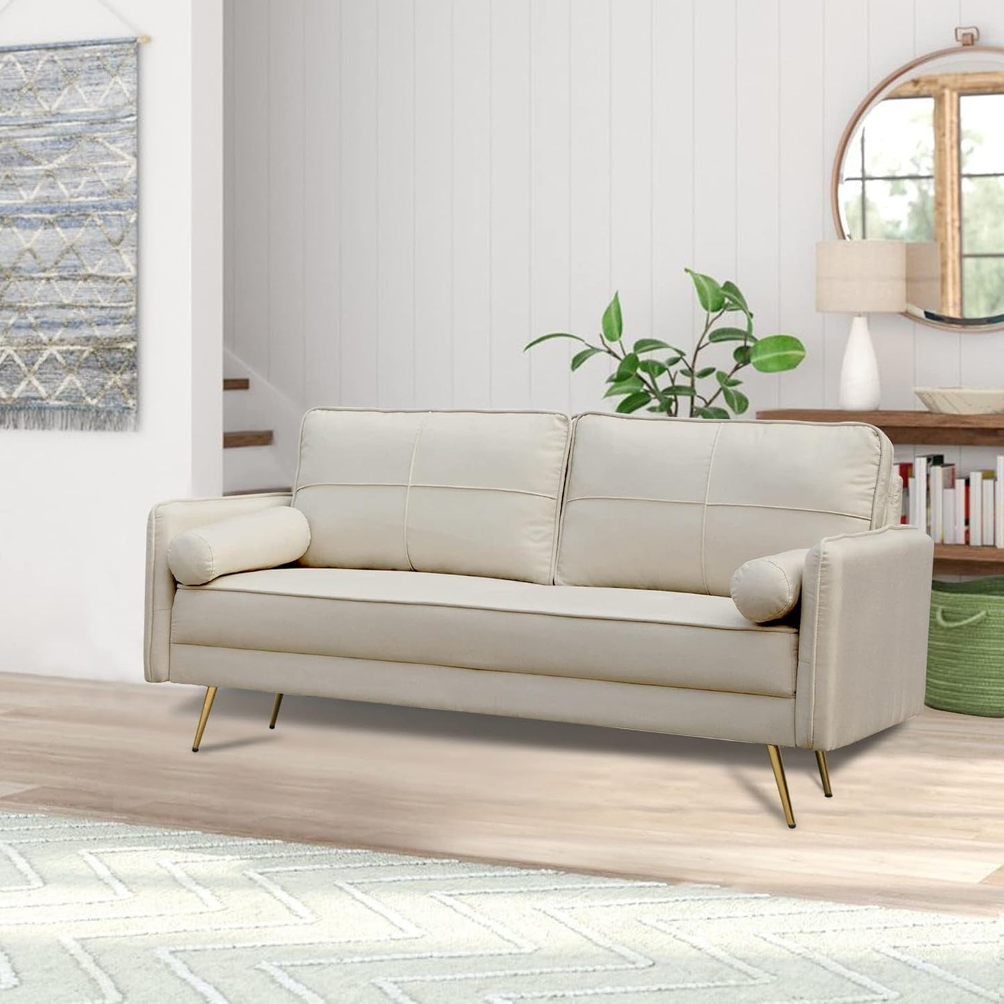 Modern Velvet Sofa Tufted Couch Upholstered Loveseat with Bolsters & Metal Legs for Living Room,Bedroom,Study,Playroom,Apartment,Dorm - Beige-3