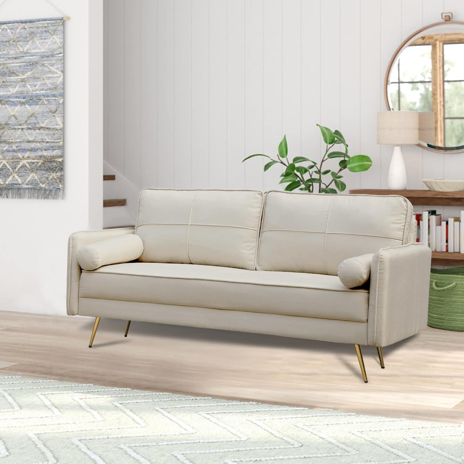 Modern Velvet Sofa Tufted Couch Upholstered Loveseat with Bolsters & Metal Legs for Living Room,Bedroom,Study,Playroom,Apartment,Dorm - Beige-3