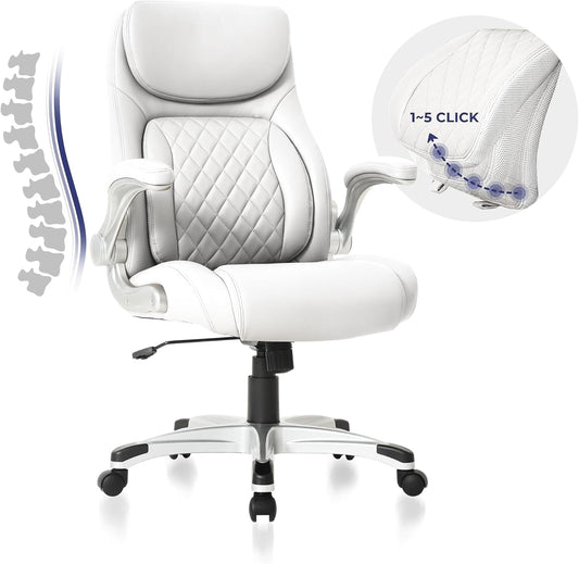 Ergonomic Office Chair Premium Microfiber Leather Adjustable Lumbar Support & Armrests, High Back Comfy Desk Gaming Chairs Executive Computer Swivel Chair Tilt Function(Posture,White)-0