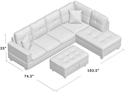 Sectional Sofa Faux Leather Modern L Shaped Couch Set 103.5”Wide Including Chaise and 3 Seating Sofa with Storage Ottoman for Living Room Furniture (Right Hand Facing, A-White)-1